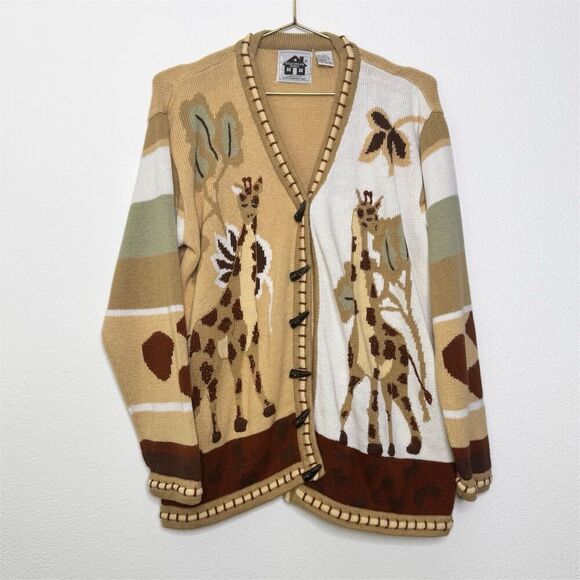 Storybook Knits Sweater Large Brown Giraffe Safari Cardigan Grannycore Statement - Picture 1 of 11
